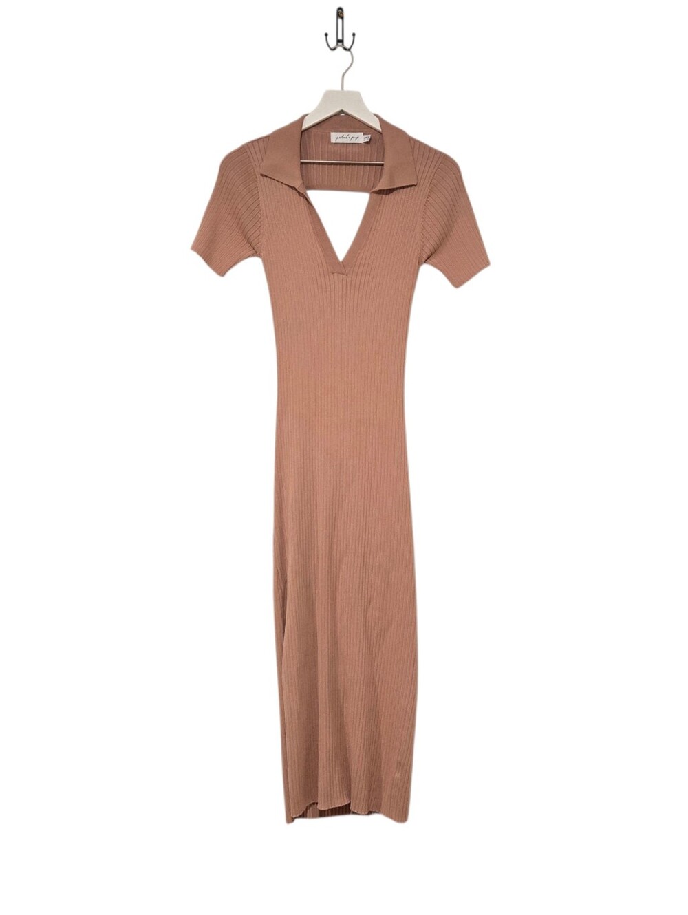 Petal & Pup Midi Dress Ribbed Knit Collared Open Back Slit Tan Brown Size 6